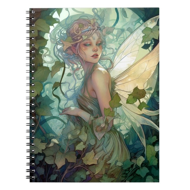Grönt Woodland Fairy Fantasy Art Anteckningsbok (Framsidan)