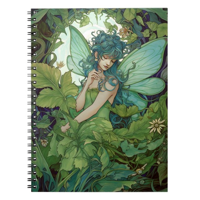Grönt Woodland Fairy Fantasy Art Anteckningsbok (Framsidan)