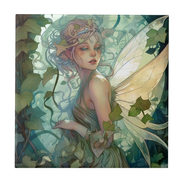 Grönt Woodland Fairy Fantasy Art Kakelplatta (Framsidan)