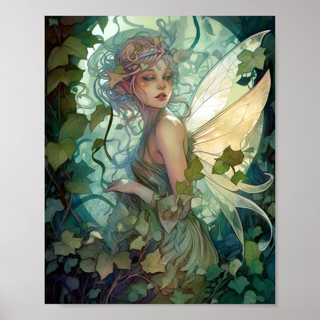 Grönt Woodland Fairy Fantasy Art Poster (Framsidan)