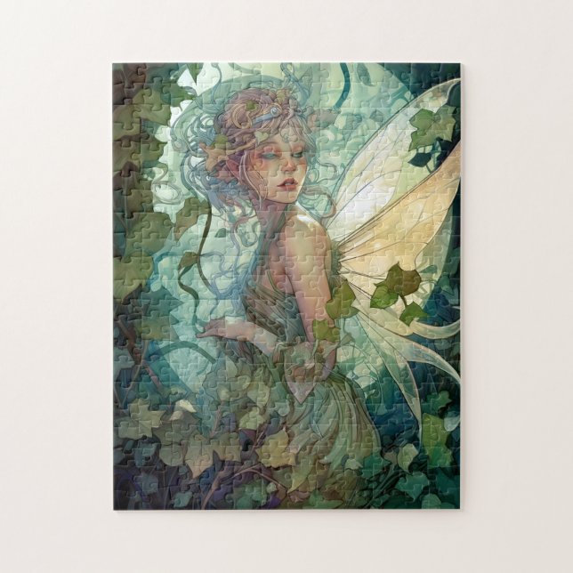Grönt Woodland Fairy Fantasy Art Pussel (Vertikal)