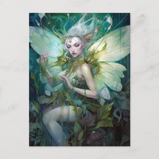 Grönt Woodland Fairy Fantasy Art Vykort (Framsida)