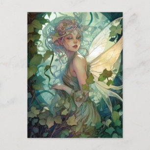 Grönt Woodland Fairy Fantasy Art Vykort