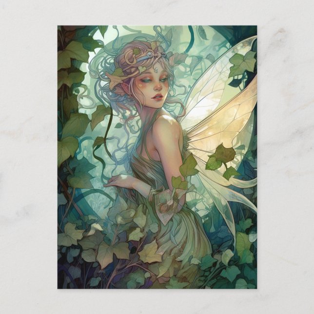 Grönt Woodland Fairy Fantasy Art Vykort (Framsida)