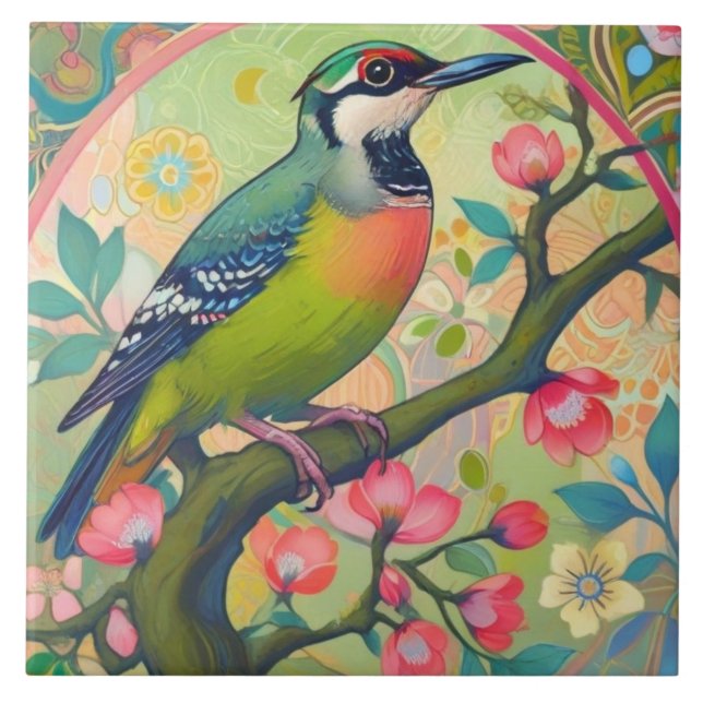 Grönt Woodpecker Bird Oriental Asian Rosa Blommigt Kakelplatta (Framsidan)