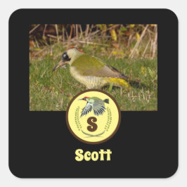 Grönt Woodpecker Namn bricka Photo Monogram Fyrkantigt Klistermärke