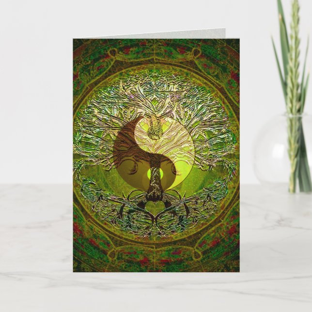 Grönt Yin Yang Mandala med Livets träd Kort (Framsida)