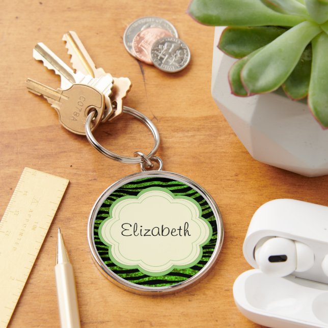 Grönt Zebra, Glitter Zebra, Zebra tryck, ditt namn Rund Silverfärgad Nyckelring (Skrivbord)