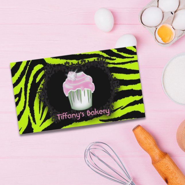 grönt zebra tryck bageribageriet Rosa Cupaka Visitkort (Lime green zebra print bakery Pink Cupcake Business Card)