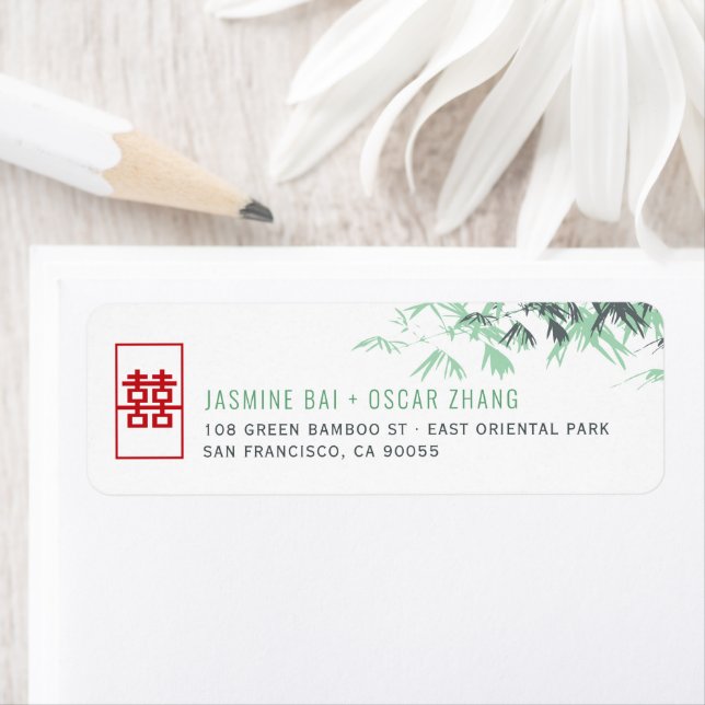 Grönt Zen Bamboo Löv Kinesiska Bröllop Adress Returadress Etikett (Insitu)