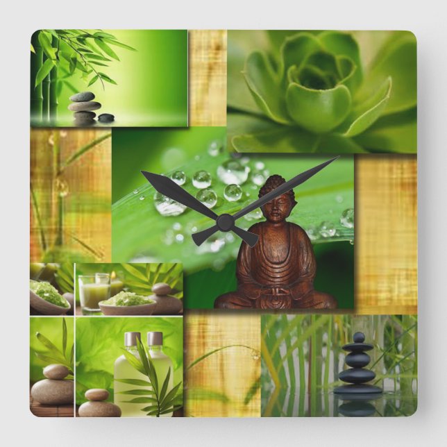 Grönt Zen & Buddha Serenity Collage Fyrkantig Klocka (Framsida)