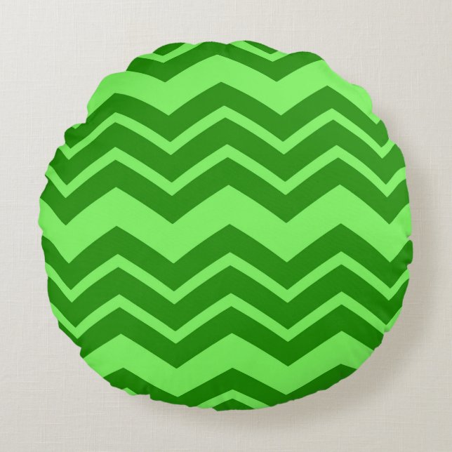Grönt Zig Zag Chevron Mönster Design Rund Kudde (Framsidan)