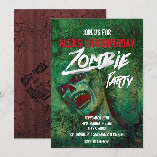 Grönt Zombie Party Halloween-inbjudningar Inbjudningar (Fram/baksida)