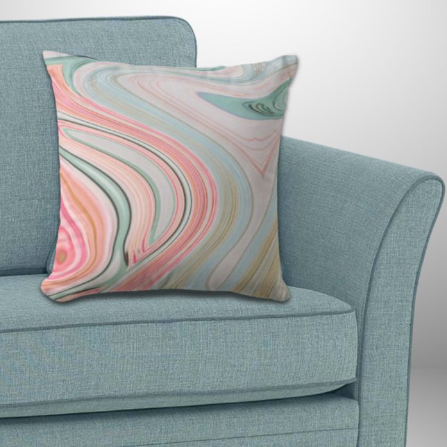  gröntar för  av korallmint, regnbågsmassor för ro kudde (blush pink coral mint green rainbow marble swirls throw pillow)