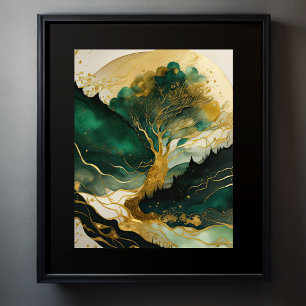 Grönten abstrakt liggande målning Guld Poster