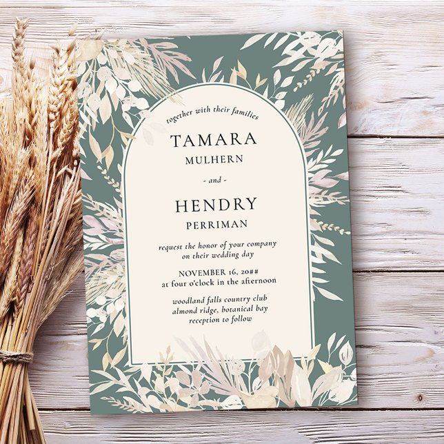 Grönten Almond Bröllop i den botaniska bågstilen Inbjudningar (Arch wedding invitation in Sage Green, from my Foliage Duet collection
)