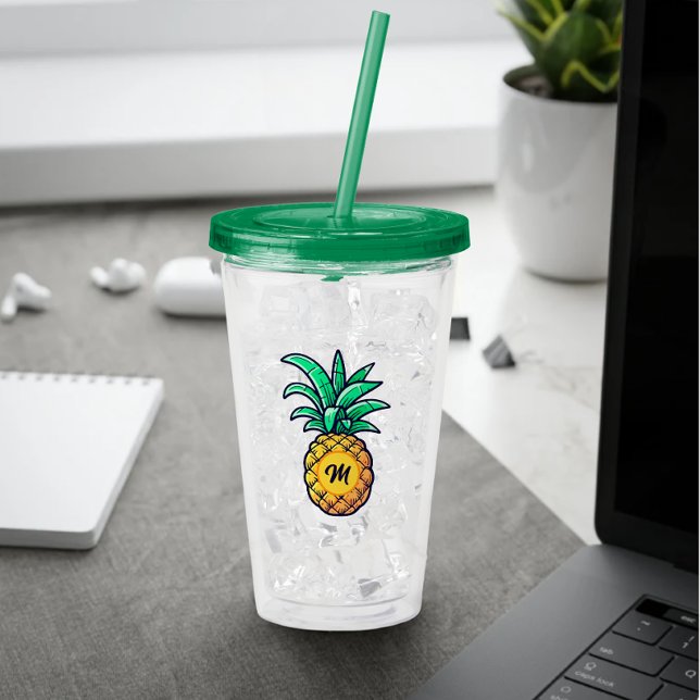 Grönten Ananas i den moderna Personligen Namn Brev Take Away Mugg (Modern personalized name letter pineapple)