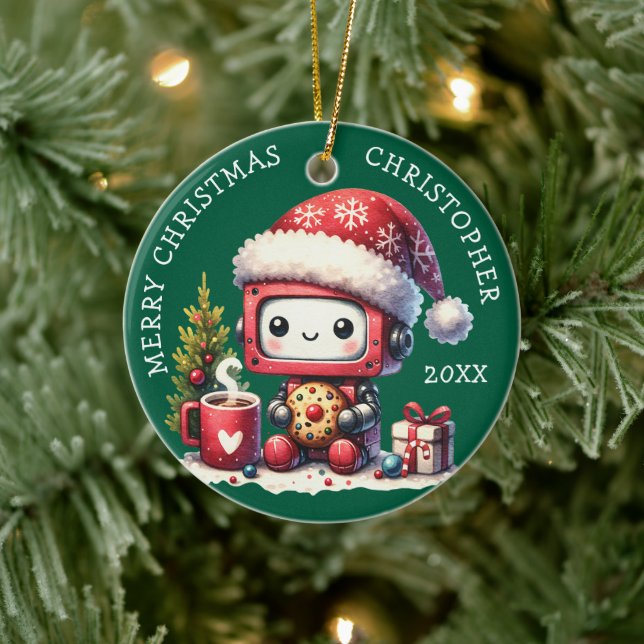 Grönten Anpassat namn God jul Cute Robot Julgransprydnad Keramik (Träd)