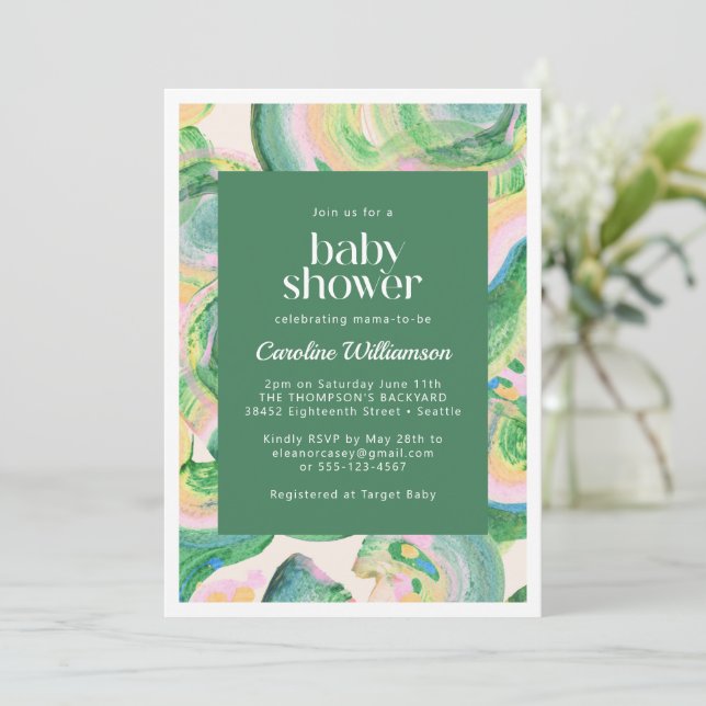 Grönten Artsy Abstrakt Vattenfärg Cute Baby Shower Inbjudningar (Stående Fram)