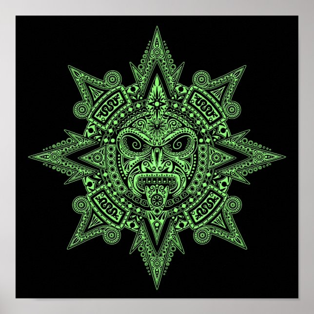 Grönten Aztec Sol Mask på Black Poster (Framsidan)
