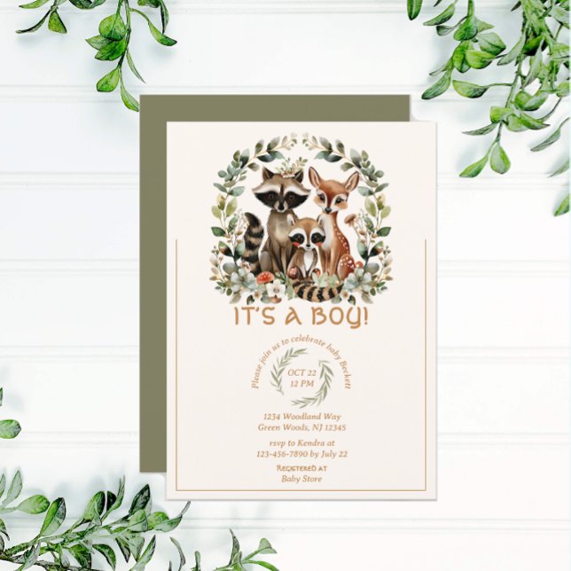 Grönten Baby Shower för cute Woodland Raccoon Fore Inbjudningar (Skapare uppladdad)