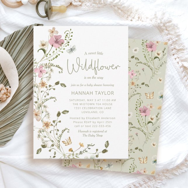 Grönten Baby Shower för en liten Wildblomflicka Inbjudningar (Little Wildflower Girl Baby Shower Invitation Sage Green)