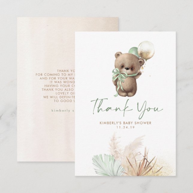 Grönten Baby Shower för nalle Cute Sage  Tack (Fram/baksida)