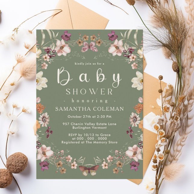 Grönten Baby Shower för Rustic Wildblomme Theme Sa Inbjudningar (Skapare uppladdad)