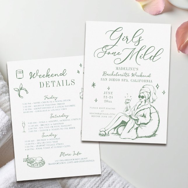 Grönten Bachelorette Girls Borta Mild Drawn Script Inbjudningar (girls gone mild invitation bachelorette weekend itinerary sage green spa hand drawn script)