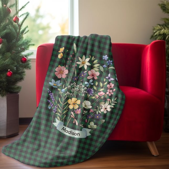 Grönten Baffalo plaid monogram vild jul Fleecefilt (Skapare uppladdad)