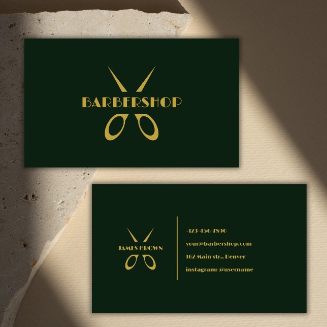 Grönten Barbershop Salon Guld Visitkort (Minimalist Gold Scissors Green Barbershop Salon Business Card)