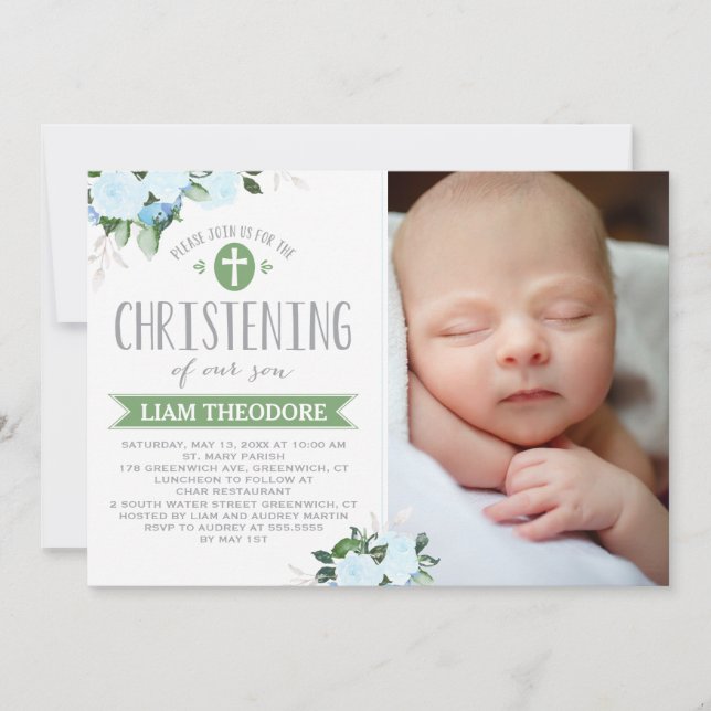 Grönten blommigt-blommor | Christening-inbjudan Inbjudningar (Framsida)
