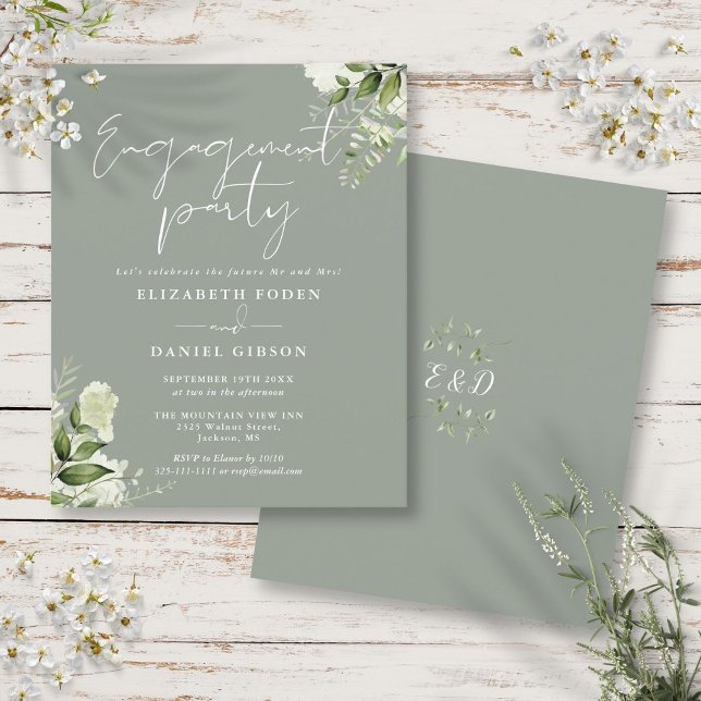 GRÖNTEN BLOMMIGT i INBJUDAN (Budget Floral Sage Green Engagement Party Invite)