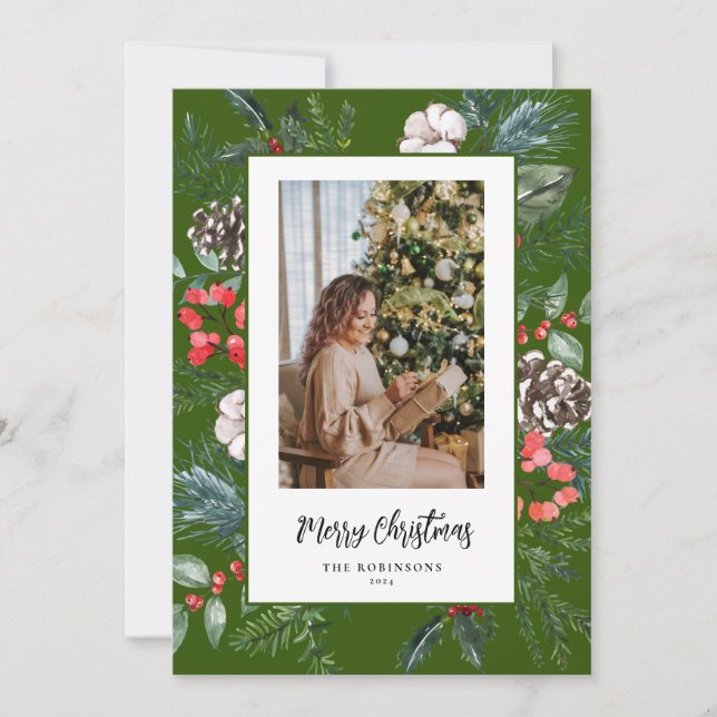 Grönten Botaniskt Ram Photo God jul Julkort (Framsida)