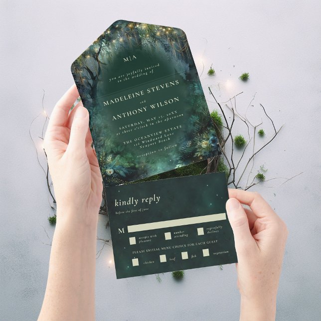 Grönten Bröllop (enchanted forest woodland wedding invitation emerald hunter green gold all in one seal send)