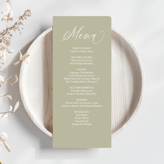 Grönten Bröllop Calligraphy Dinner Menu Sage Meny (Wedding menu card with a sage green calligraphy script.)
