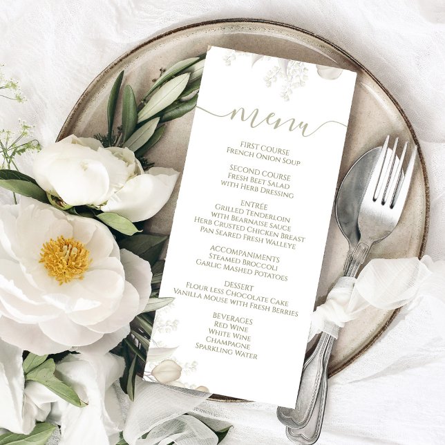 Grönten Bröllop Calligraphy Dinner Menu Sage Meny (Wedding menu card with a sage green floral design.)