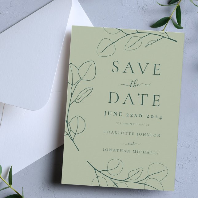 GRÖNTEN BRÖLLOP i LÖV SNYGGT Spara Datumet (Minimalist eucalyptus leaf green wedding save the date invitation with stylish dark green typography)