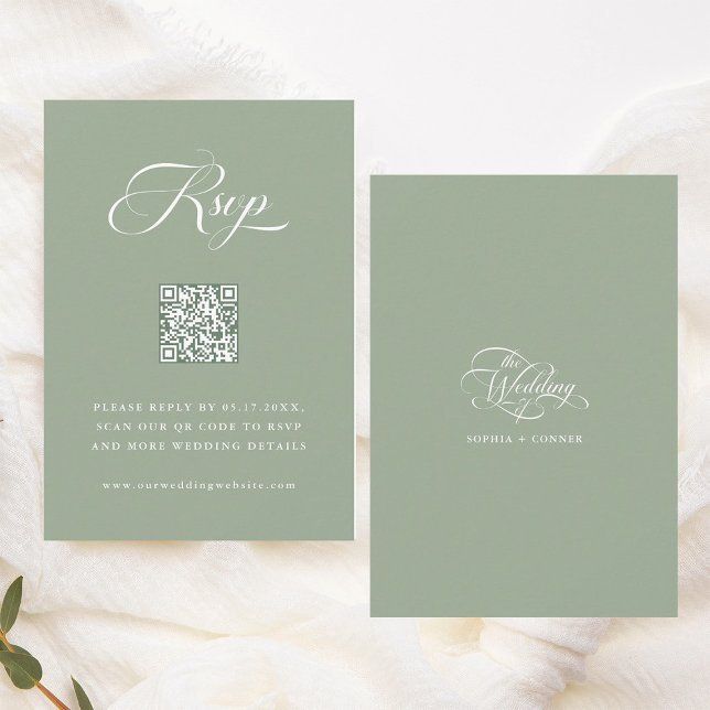 Grönten Bröllop Sage för delikat Elegant i skript OSA Kort (Front & Back)