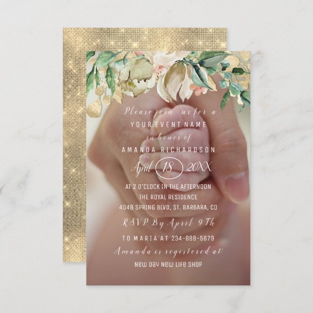 Grönten Brunch Mint för babyvisningsfotoblommor Inbjudningar (Fram/baksida)