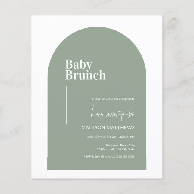 Grönten Budget Sage Arch Baby Brunch Baby Shower Flygblad (Framsidan)