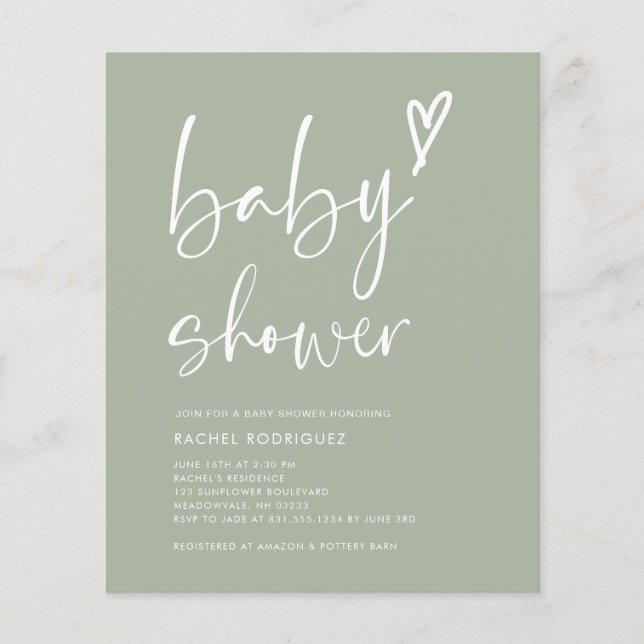 Grönten Budget Sage Script Heart Baby Shower Inbju (Framsida)