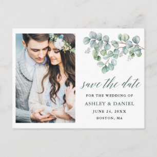 Grönten Calligraphy Eucalyptus Löv Save the Date Vykort