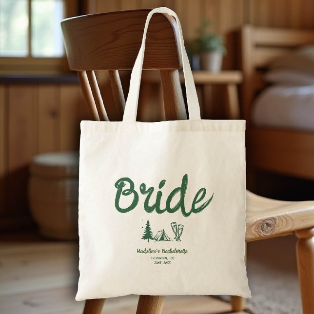 Grönten Camp Bachelorette Bride Hand plockade Writ Tygkasse (camp bachelorette bride tote bag handwriting hand written camping glamping hiking bach)