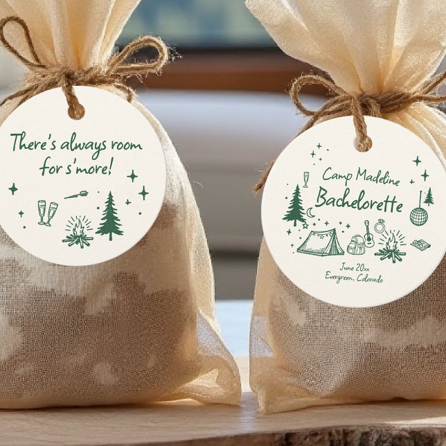 Grönten Camp Bachelorette Camping Hand plockade Wr Gåvor Etiketter (camp bachelorette favor tag camping hand drawn written girls trip bach green glamping)