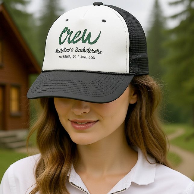 Grönten Camp Bachelorette Crew Hand plockade Writi Keps (camp bachelorette bridesmaid trucker hat handwriting hand written camping glamping hiking bach)