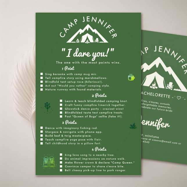 Grönten Camp Bachelorette Party Game Dare Forest Flygblad (camp bachelorette party forest green game dare you)