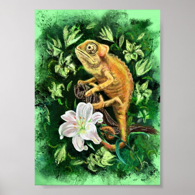 Grönten Chameleon i Löv Poster - Målning (Framsidan)