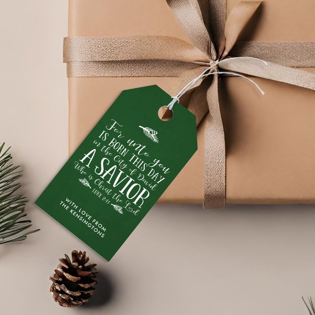Grönten Christian julverse Typography Helgdag Presentetikett (Christian Christmas Verse Typography Holiday Green Gift Tags)