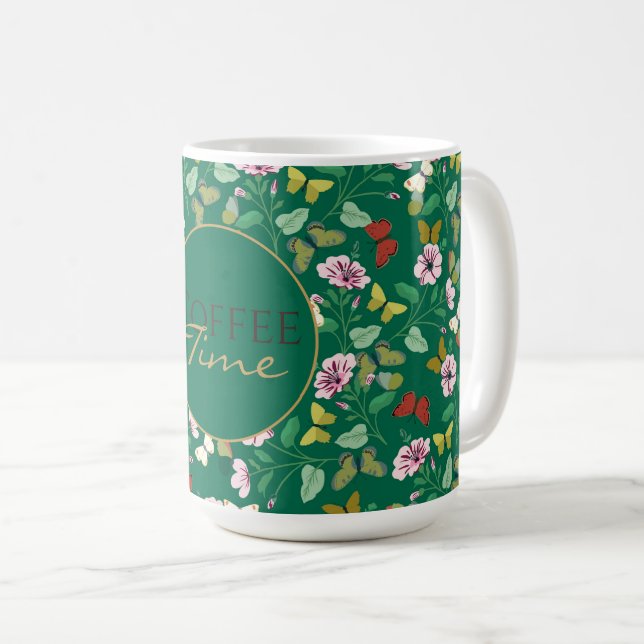 Grönten Colorful Butterflies Rosa Flowers Botanica Kaffemugg (Framsida höger)